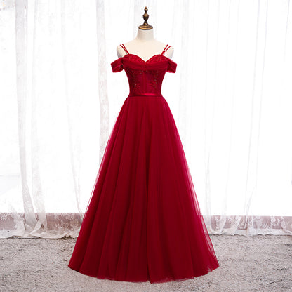 Burgundy tulle long prom dress evening dress  8261