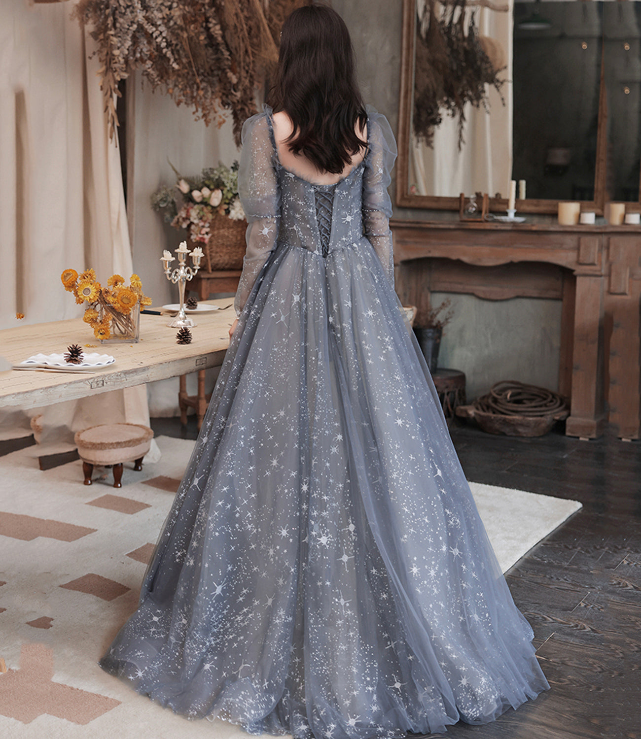 Gray tulle short prom dress gray evening dress  8990