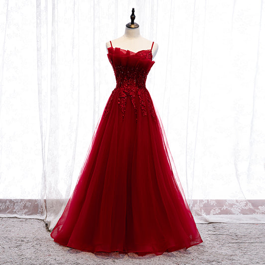 Burgundy tulle lace long prom dress  8316