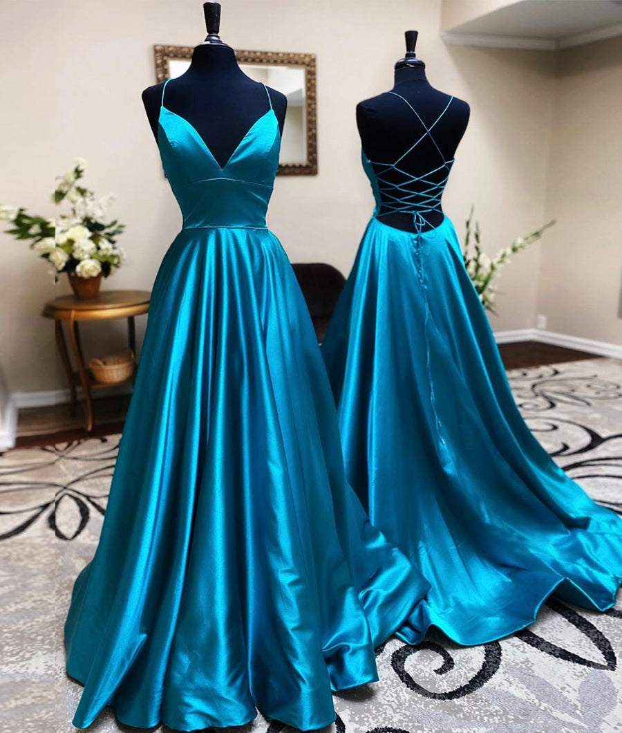 Blue satin long prom dress simple evening dress  8445