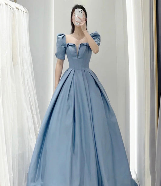 Blue Satin Elegant Short Sleeve Long A-Line Ball Gown Evening Dress 8831