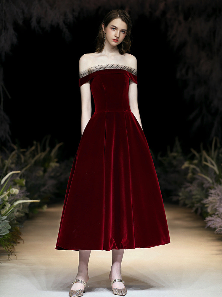 Burgundy velvet short prom dress party dress  8344