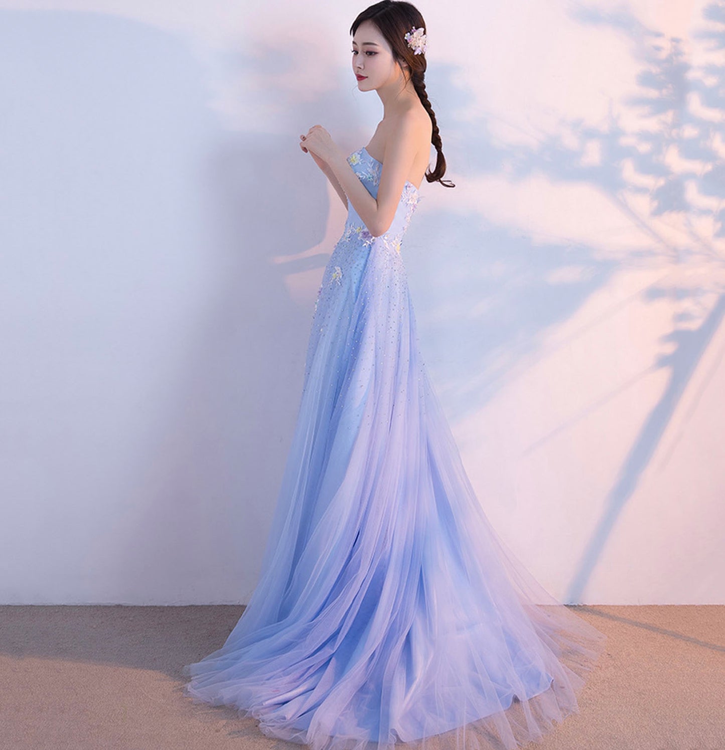 Blue tulle lace long prom dress blue evening gown  10211