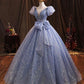 Blue tulle long prom dress A line evening gown  10229