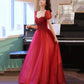 Burgundy tulle beads long prom dress evening gown  10315