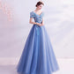 Blue tulle lace long prom dress A line formal dresses  10455