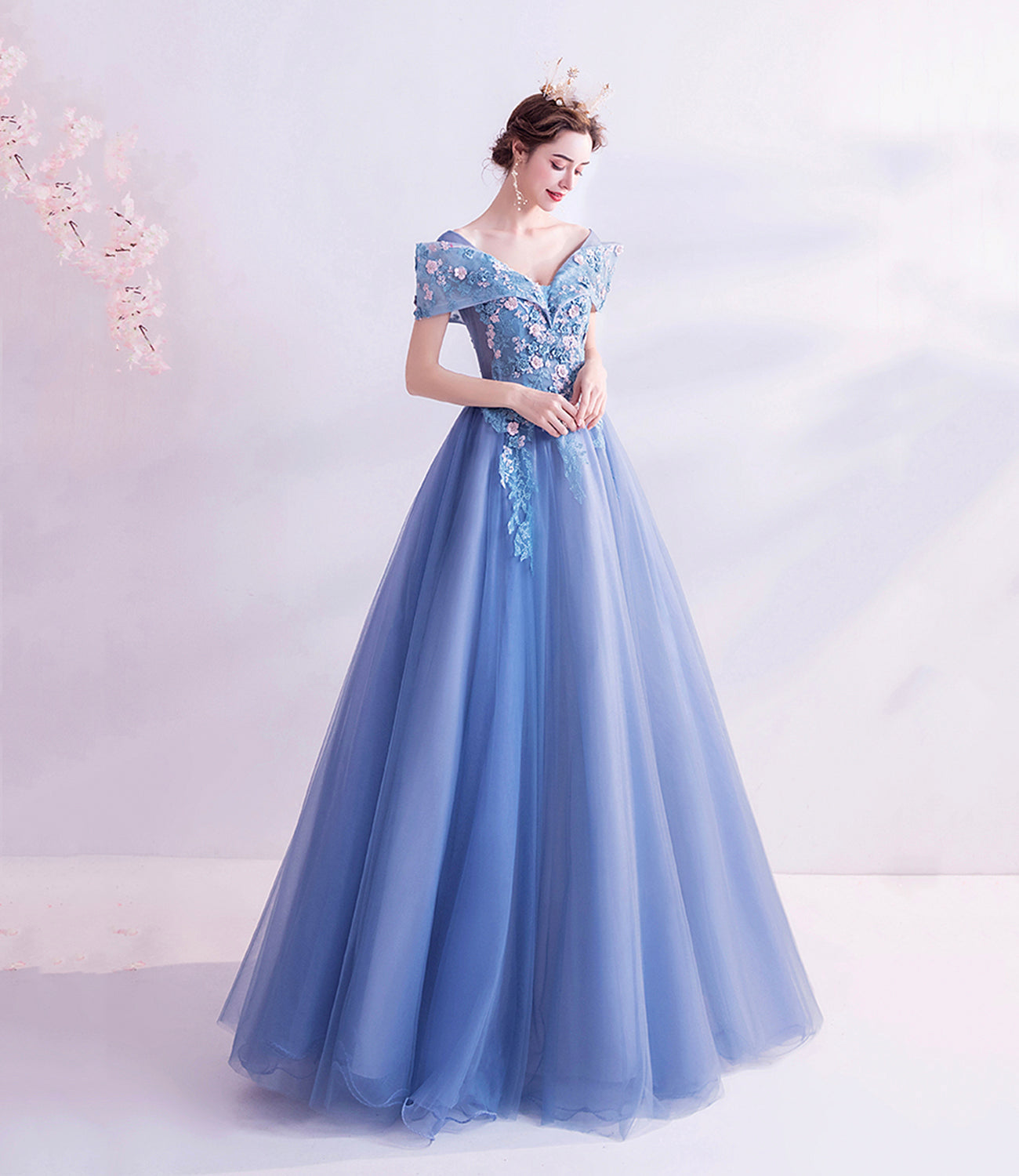 Blue tulle lace long prom dress A line formal dresses  10455