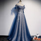 Shiny tulle sequins long prom dress blue evening dress  8429