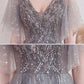 Gray tulle sequins long prom dress A line evening dress  10528