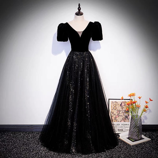 Black velvet tulle long prom dress A line evening gown  10106