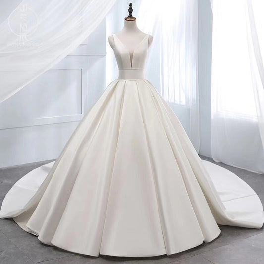 White v neck satin long ball gown dress formal dress  8870