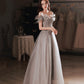 Gray tulle sequins long prom dress A line evening dress  10627