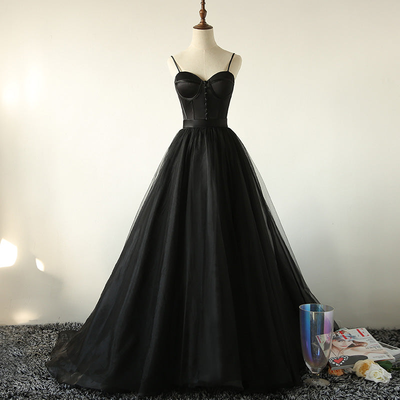 Schwarzes langes Ballkleid aus Tüll, schwarzes Abendkleid 8037