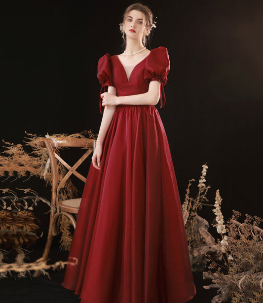 Burgundy v neck long prom dress A line evening gown  8937