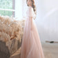 Pink tulle lace long prom dress pink evening dress  10525