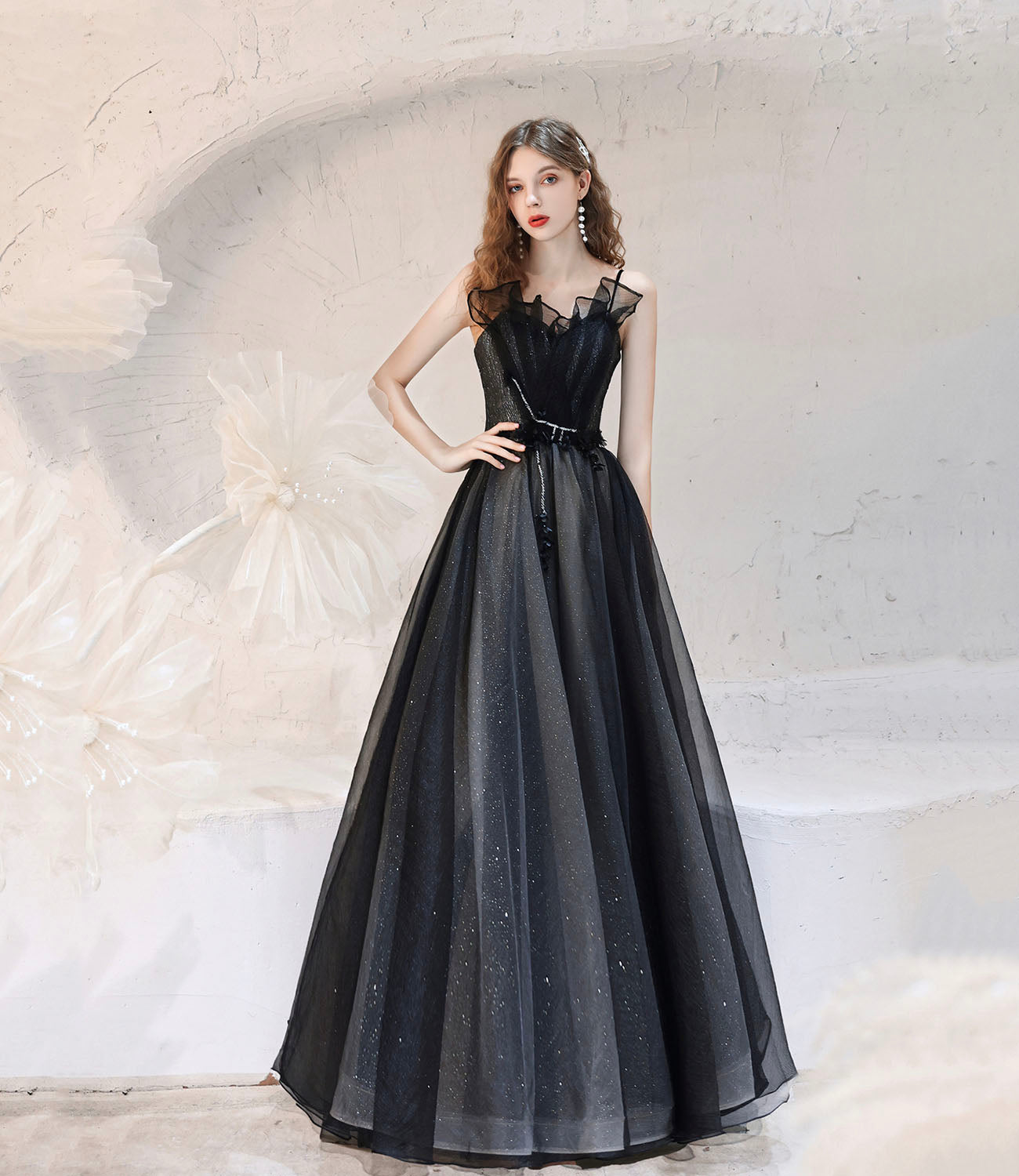 Black tulle long prom dress A line evening dress  10416