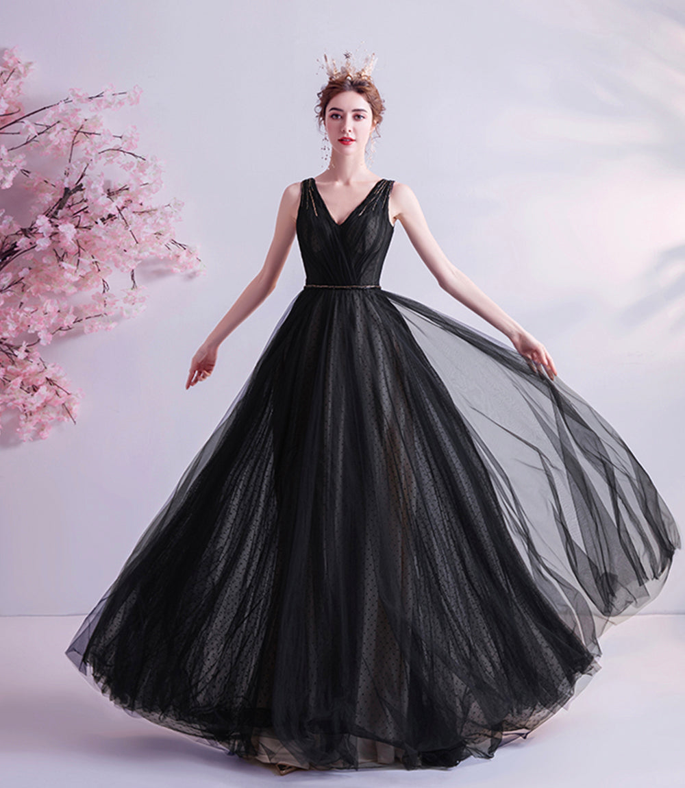 Black v neck tulle beads prom dress evening dress  8519