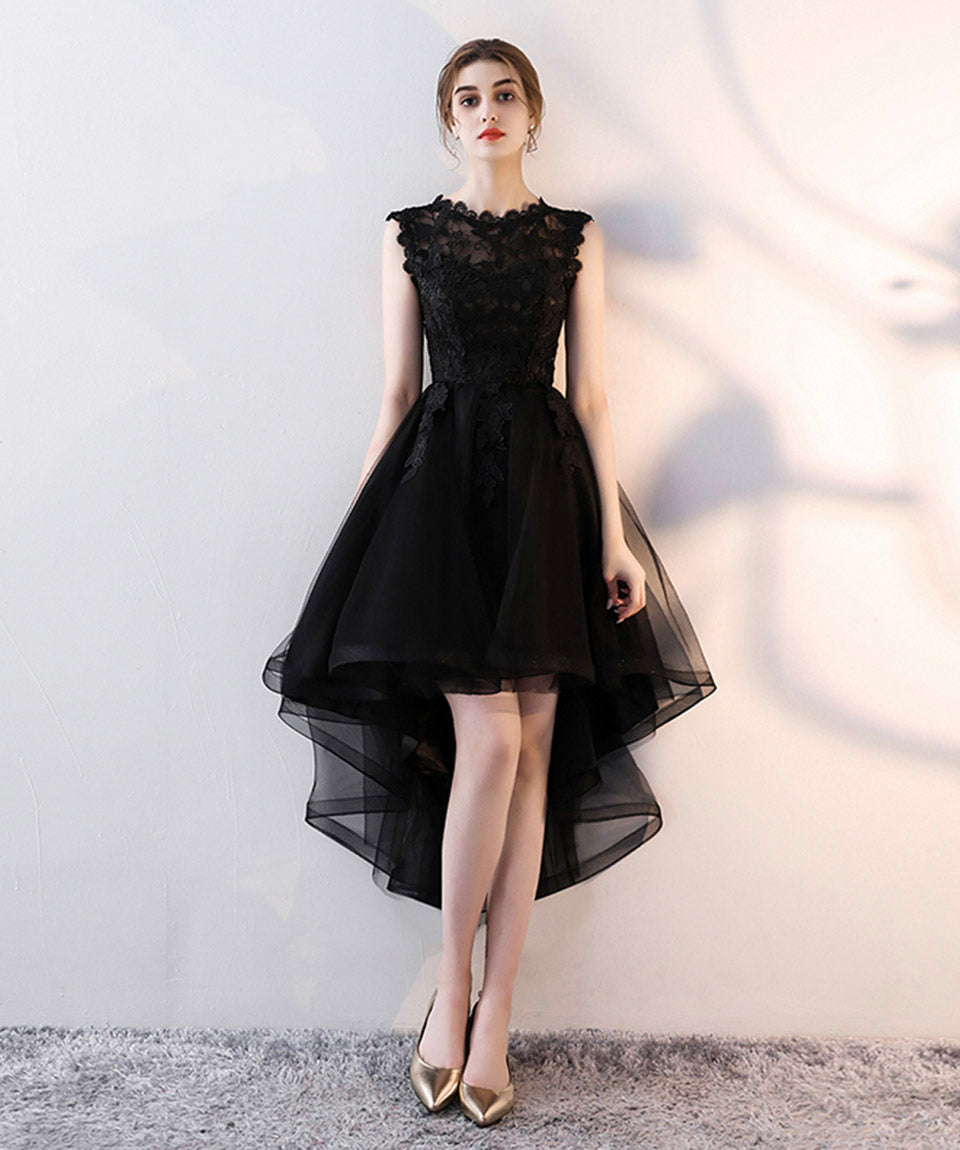 Black tulle lace high low prom dress evening dress  8416