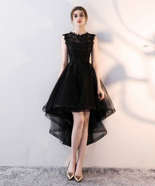 Black tulle lace high low prom dress evening dress  8416