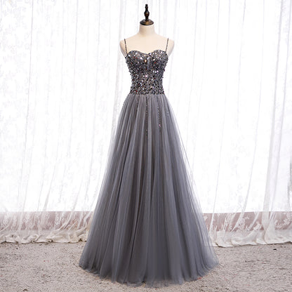 Gray tulle sequins long prom dress  8158