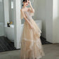 Champagne tulle lace long prom dress A line evening dress  10339