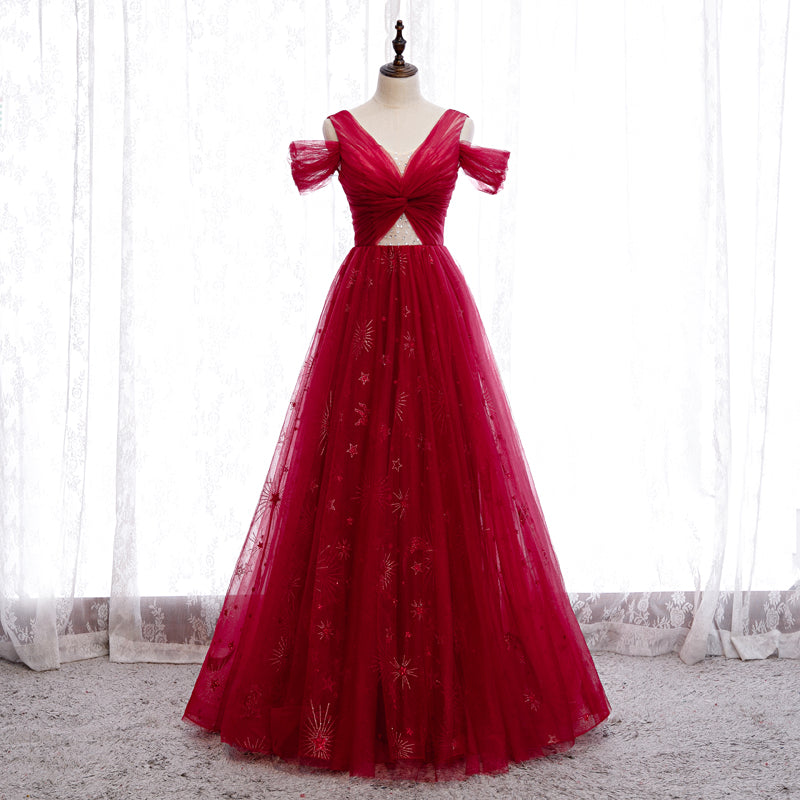 Robe de bal longue en tulle bordeaux avec perles 8260