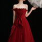 Burgundy tulle long prom dress A line evening dress  10603