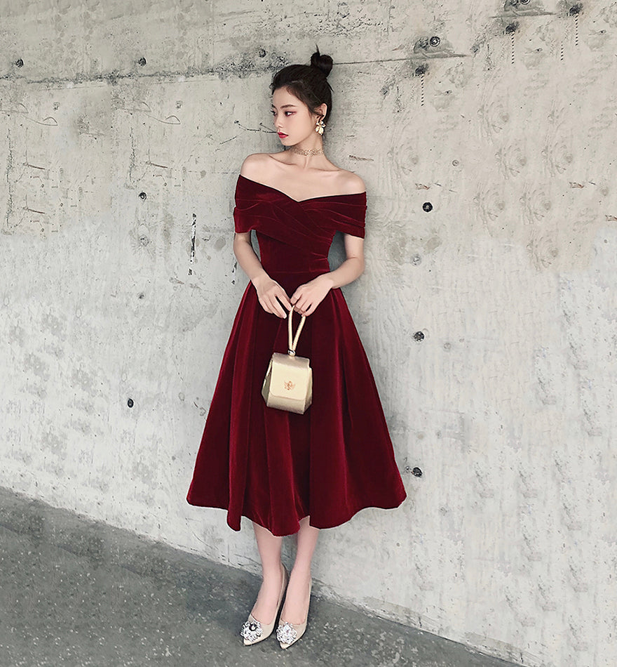 Burgundy velvet short prom dress homecoming dress  8484