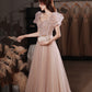 Pink tulle beads long prom dress A line evening dress  10320