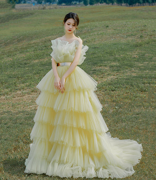 Yellow tulle long ball gown dress A line evening gown  10304