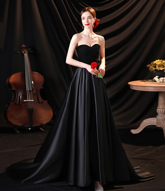 Black satin long A line prom dress black evening dress  8932