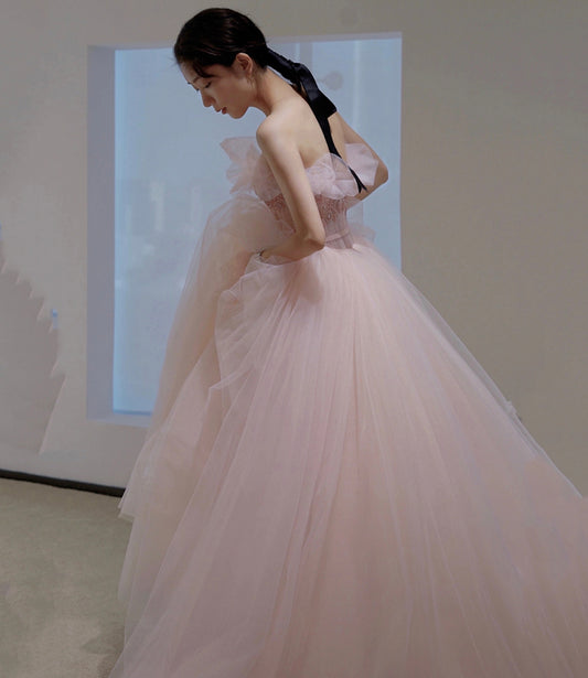 Pink tulle sequins long prom gown A line evening gown  10302
