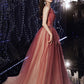 Burgundy tulle sequins long prom dress A line evening dress  10626