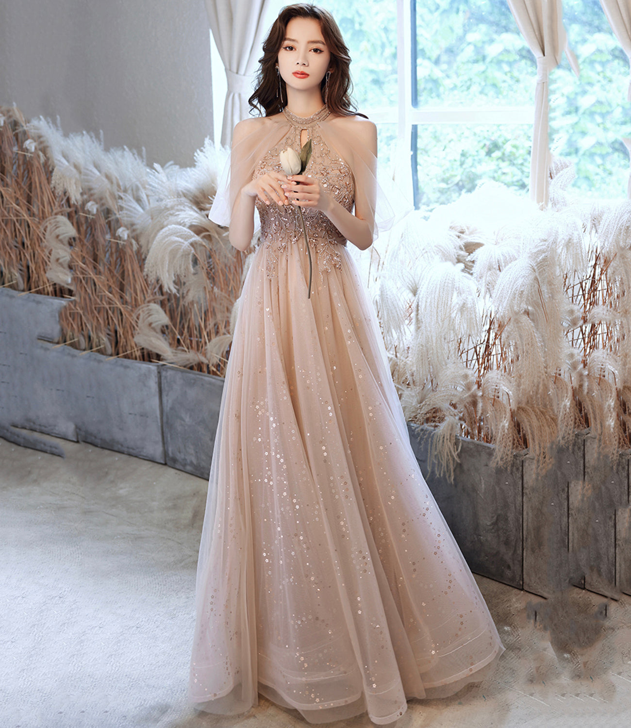 Robe de soirée longue en tulle champagne à paillettes 8683