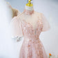 Pink tulle beads long prom dress A line evening dress  10400