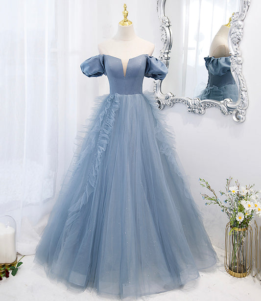 Robe de bal longue en tulle bleu robe de soirée bleue 10294