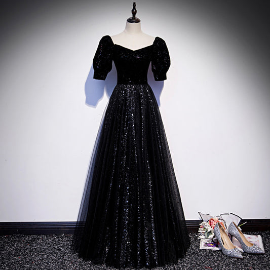 Black tulle long prom dress A line evening gown  10105