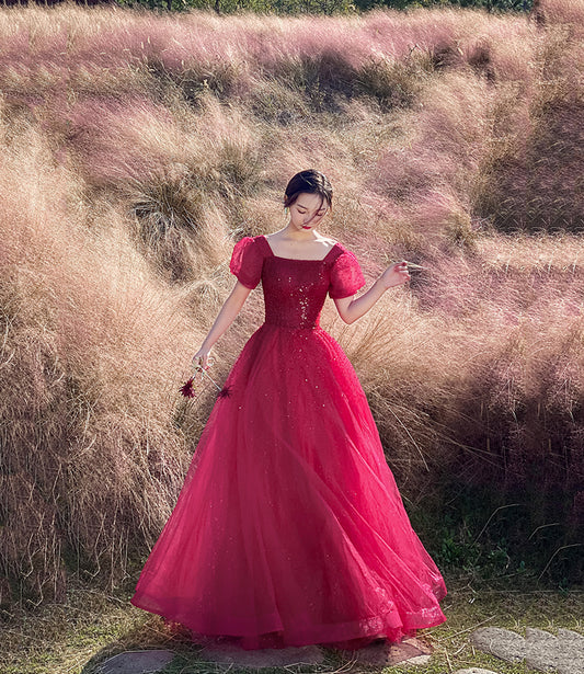 Red tulle beads long prom dress A line evening gown  10303