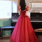 Burgundy tulle beads long prom dress evening gown  10315