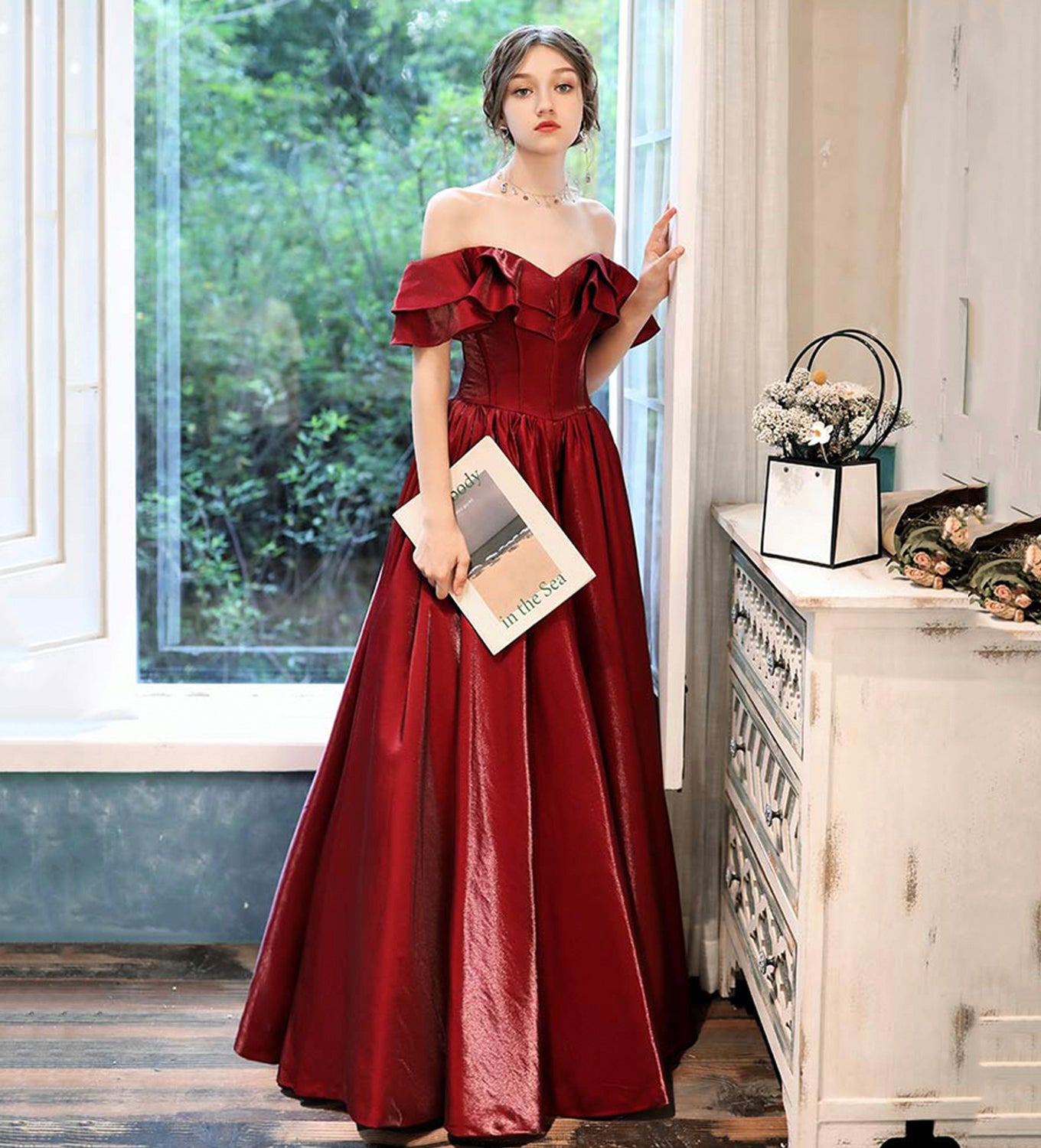 Burgundy satin long prom dress evening dress  8510