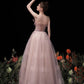 Pink tulle beads long prom dress A line evening dress  10429