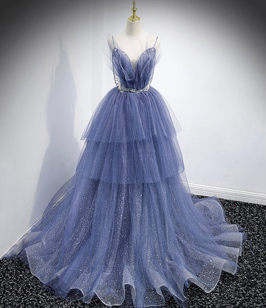 Blue tulle long A line prom dress blue evening dress  8864