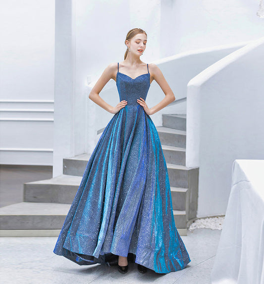 Blue sweetheart neck long prom dress, simple evening dress  8142