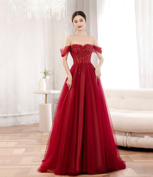 Burgundy tulle beads long prom dress evening dress  10604