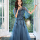 Blue tulle lace long prom dress blue evening gown  10286