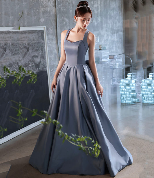 Blue satin long prom dress A line evening dress  10442