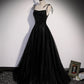 Black tulle beads long prom dress A line evening dress  10500