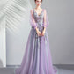 Purple tulle lace long prom dress A line evening dress  10552