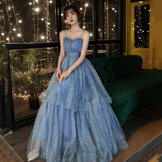 Blue tulle long A line prom dress blue evening dress  8992