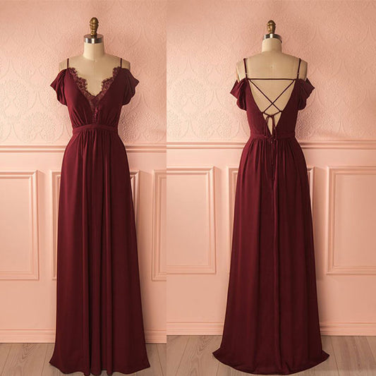 Burgundy chiffon long prom dress evening dress  8284